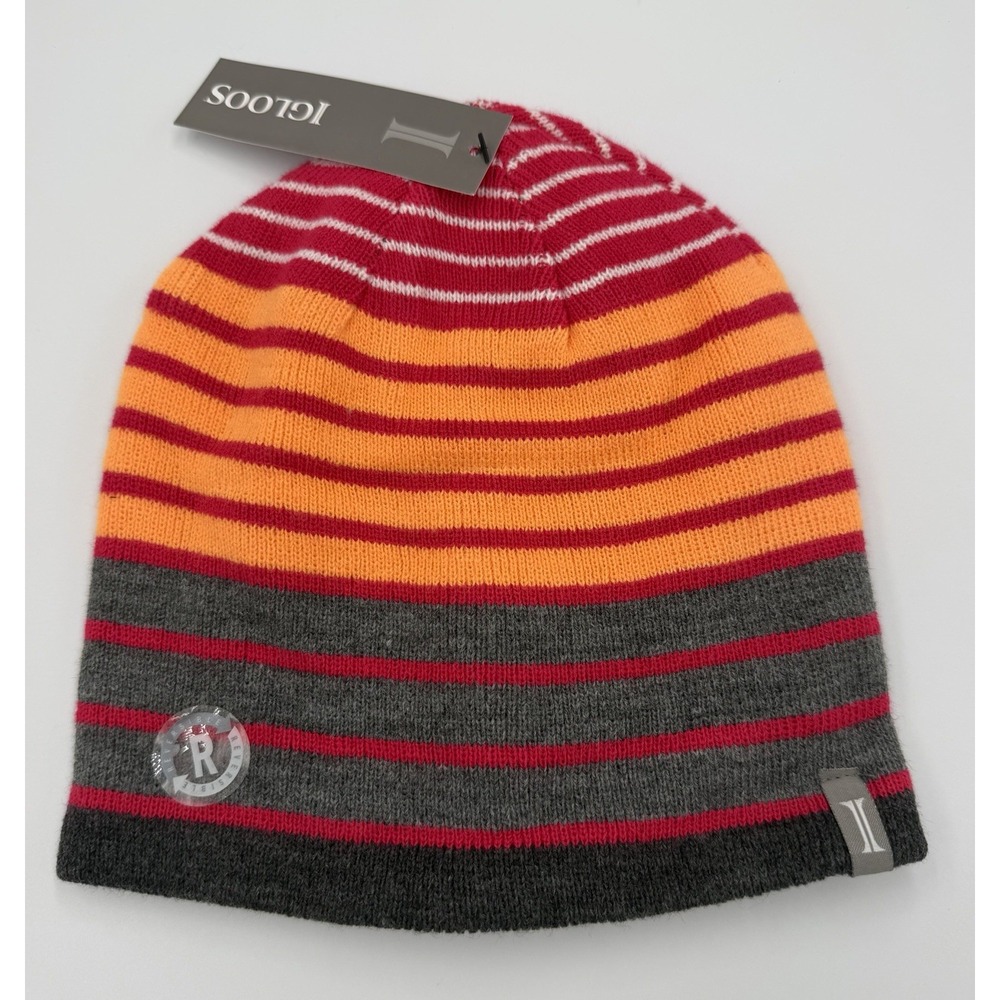 IGLOOS Girls  Red Gray Stripe Beanie Hat  7-16 One Size Winter Ski Outdoors